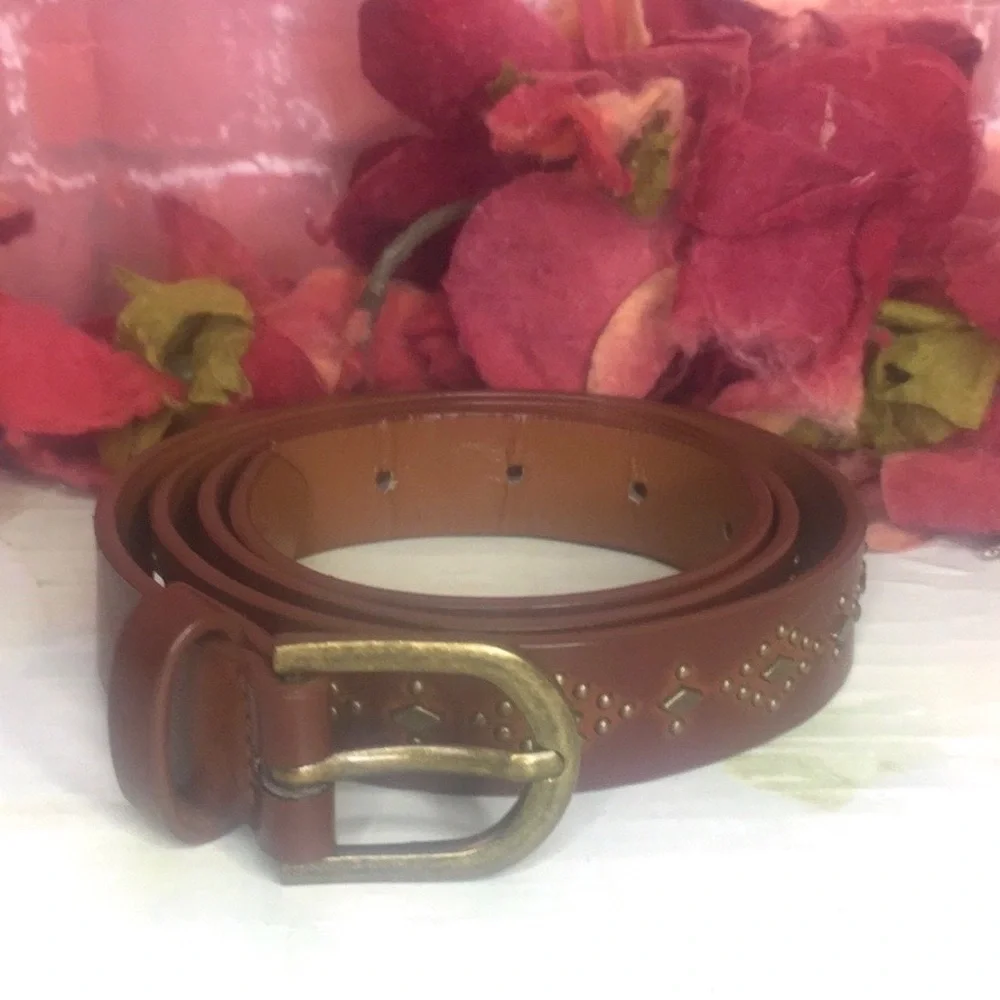 Brown Western Style Leather Belt with Brass Studs